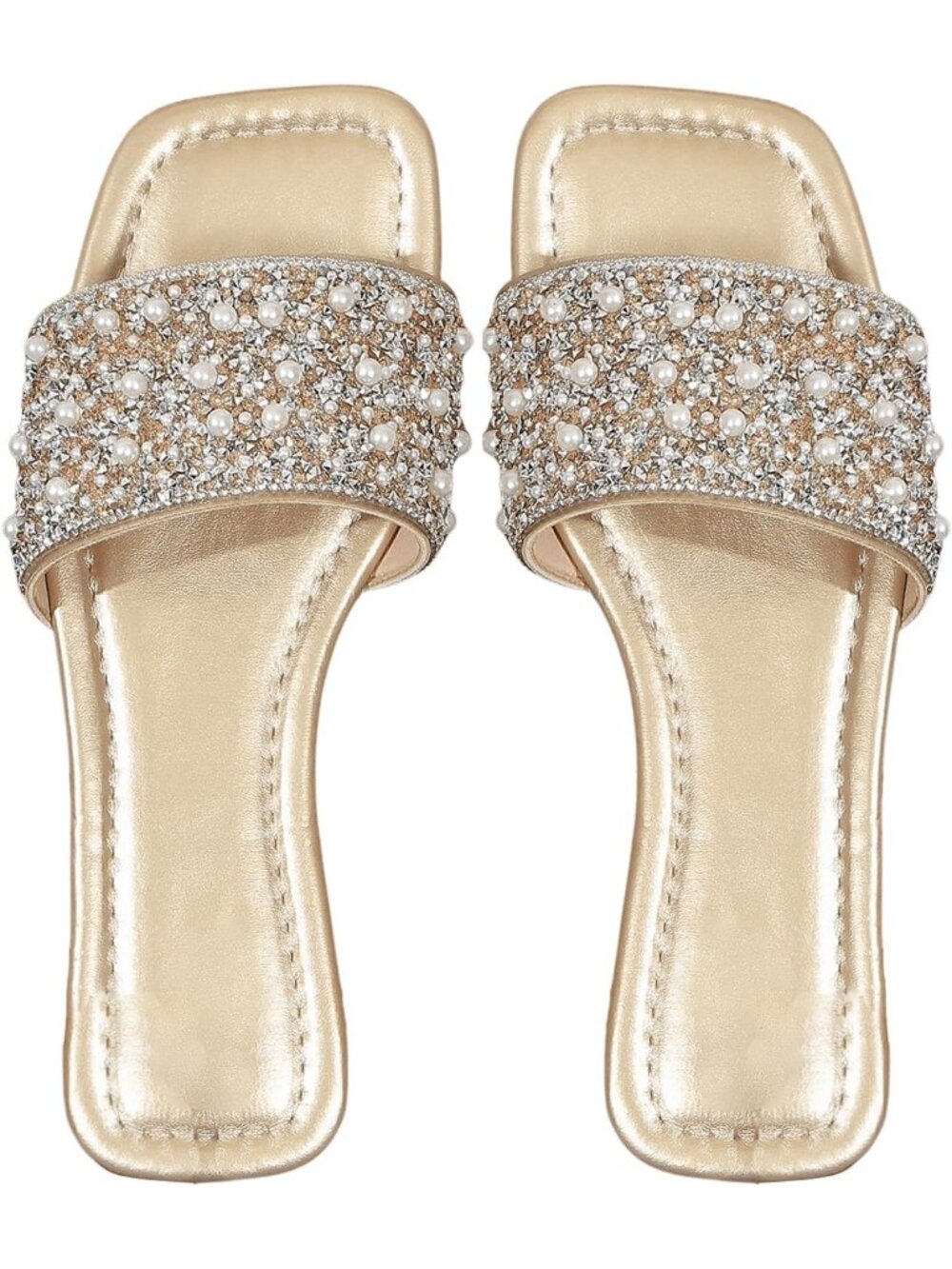 Women's Gold Sparkly Rhinestone Sandals Pearl Boho Summer Square Toe Shoes
